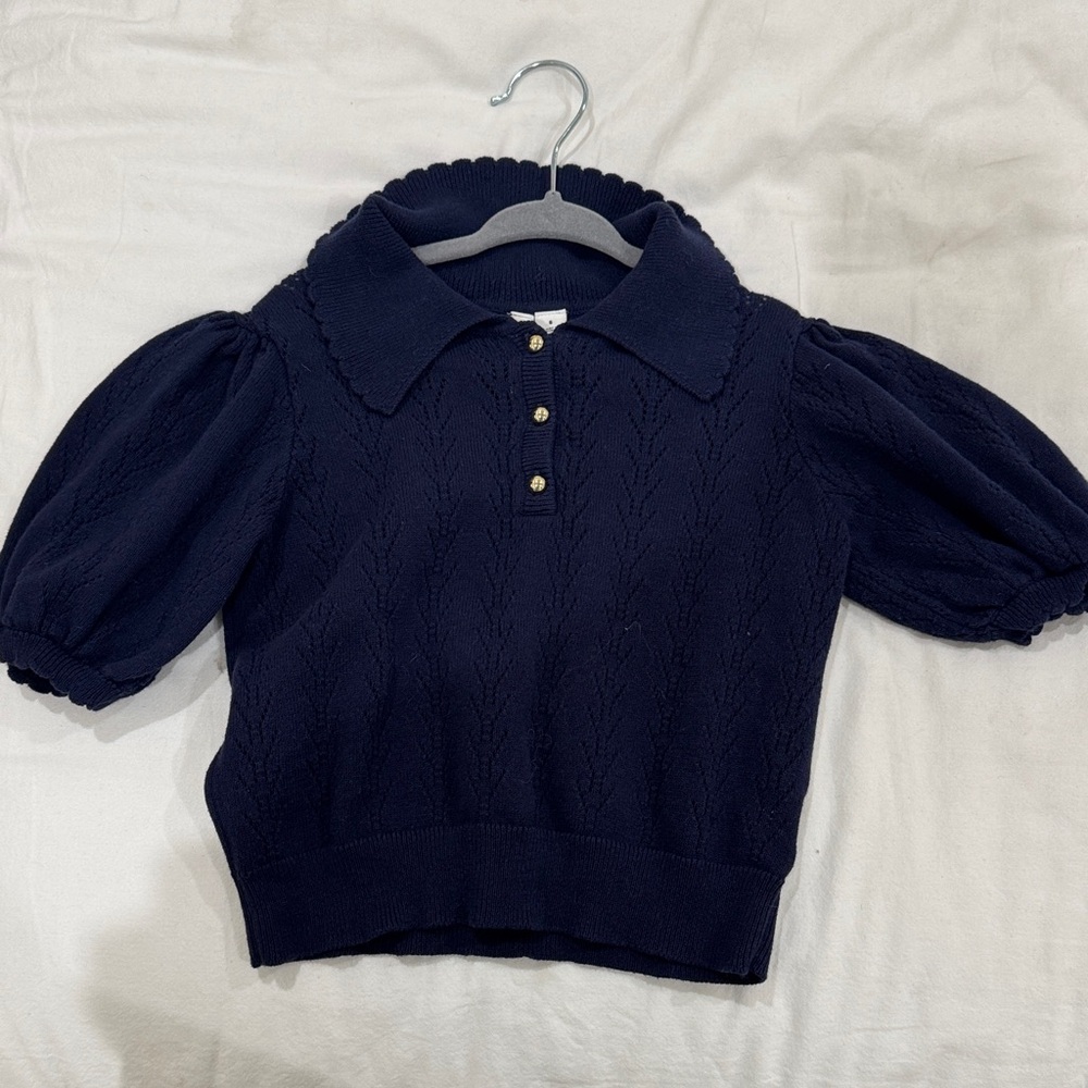 Janie and Jack Navy Knit Polo with Puff Sleeves